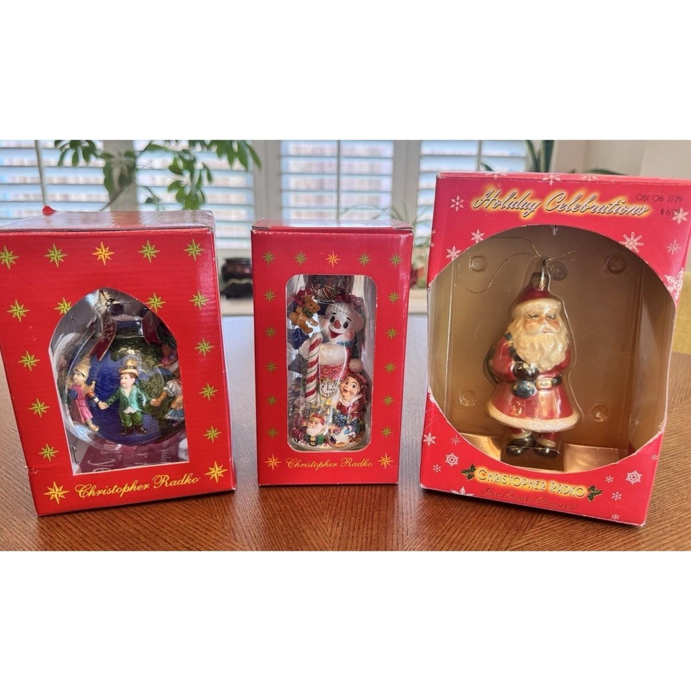 C Radko 3 Ornament Lot Holiday Celebration Santa World Peace Frosty Gifts Boxes